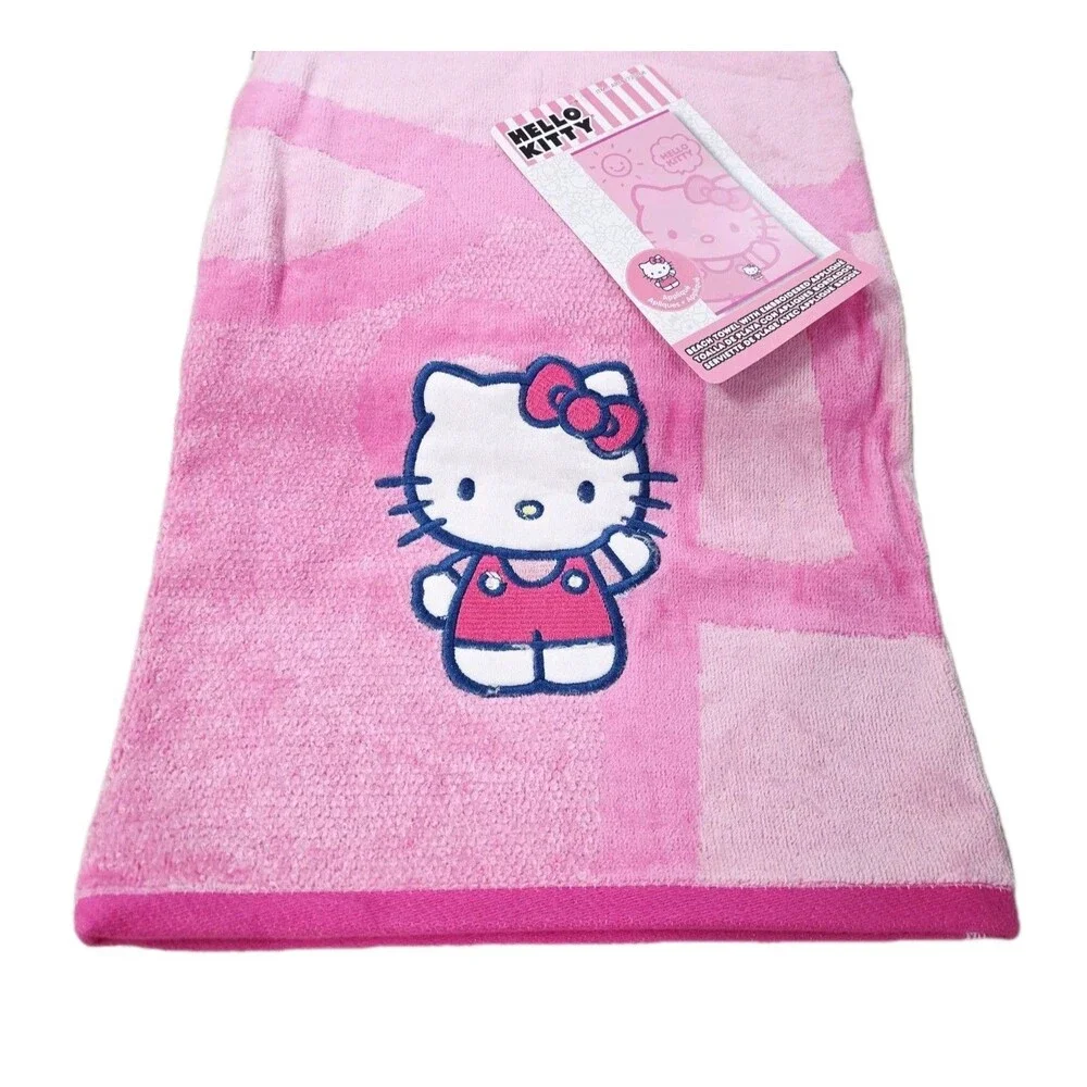 Hello Kitty Pink Embroidered Beach Towel 100% Cotton Sheared Velour 34x63 Sanrio